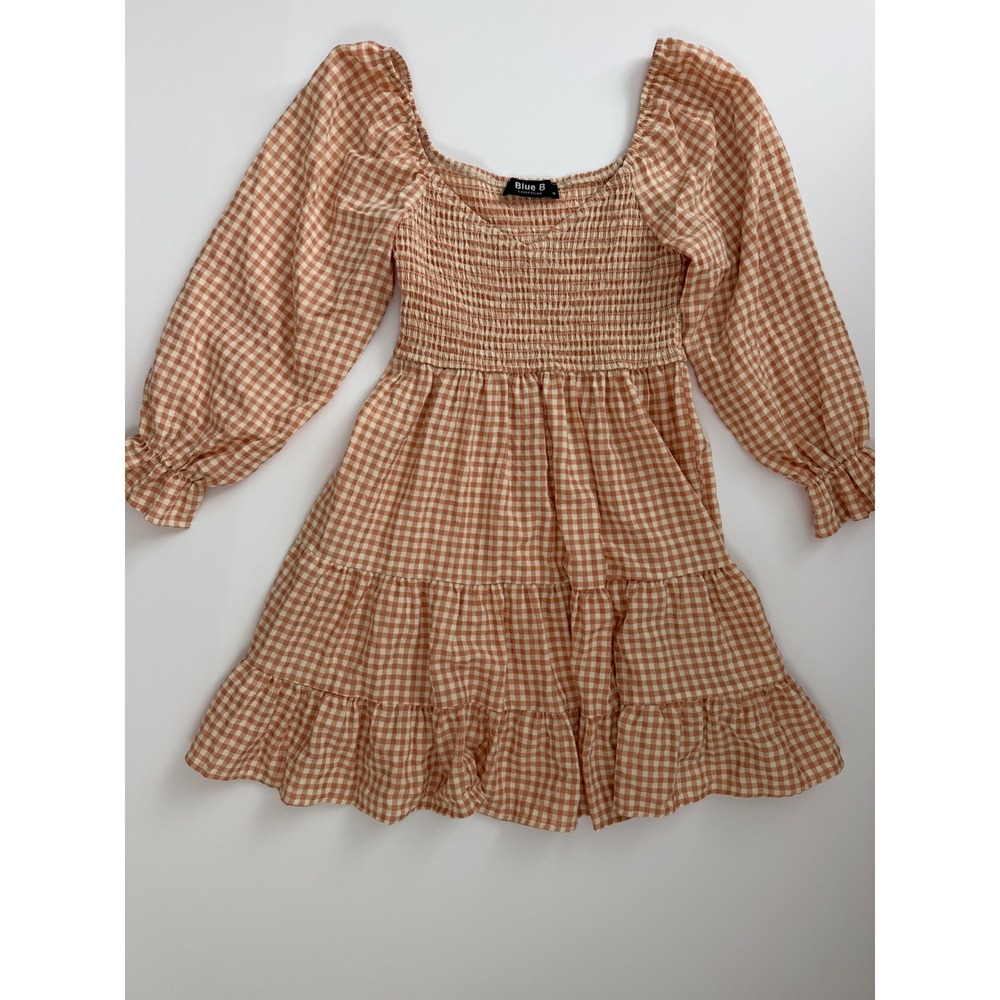 Blue B Collection Tan Gingham Smocked Mini Dress Long Puff Sleeve Medium